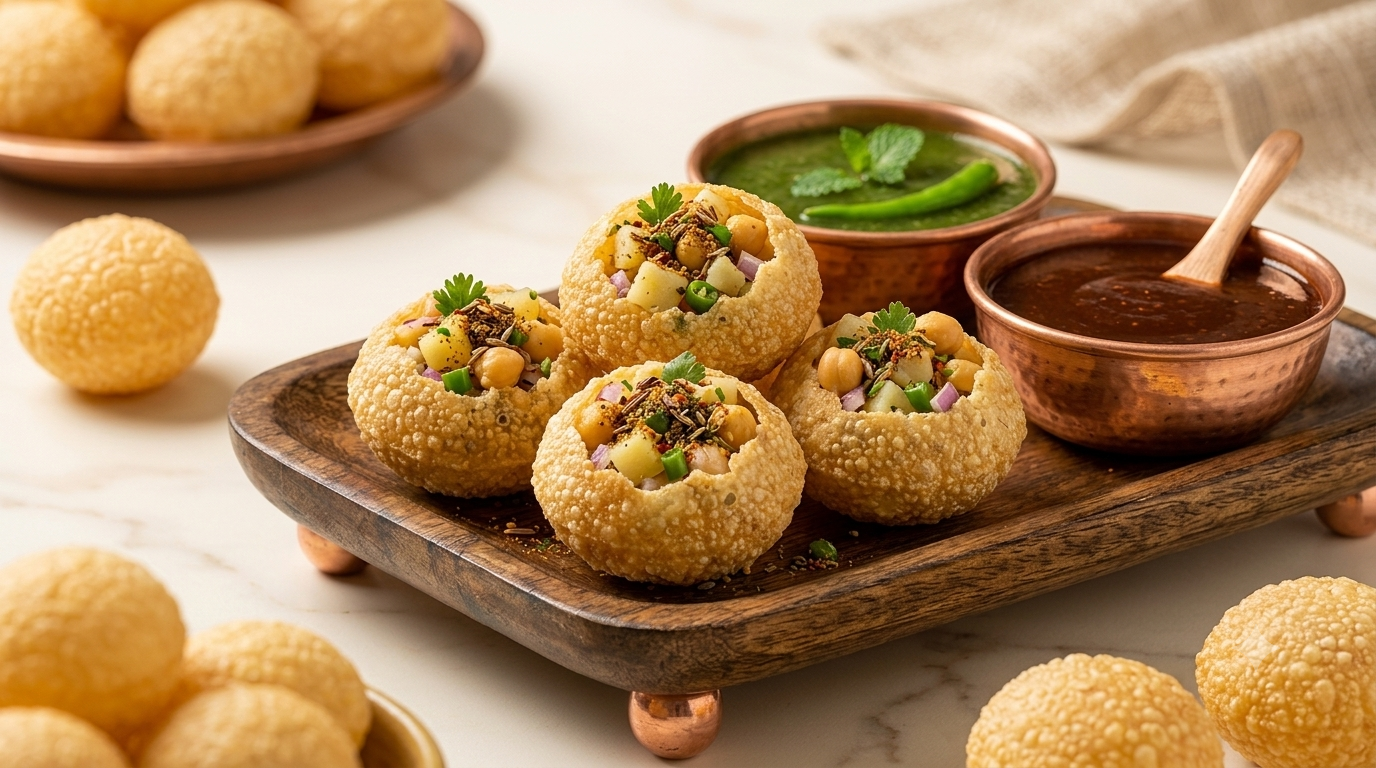Freshly filled WaadiFresh pani puri, ready to serve