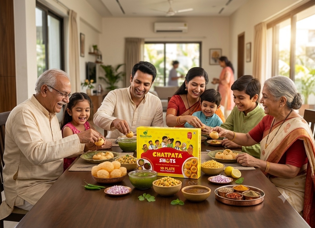 Family enjoying WaadiFresh pani puri together at home