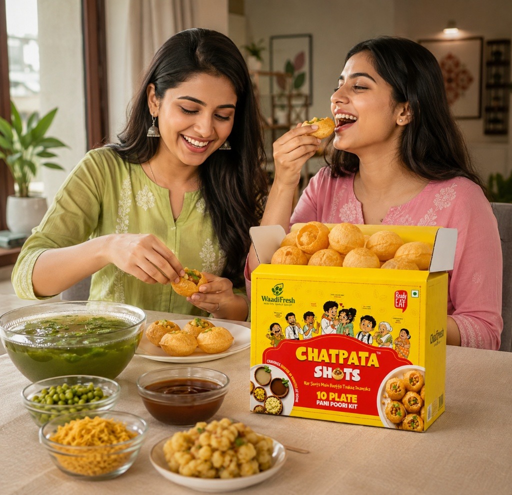 Friends sharing and assembling WaadiFresh pani puri at home