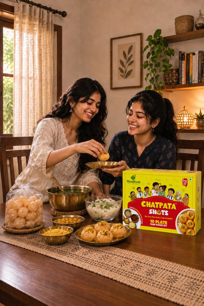 Friends happily enjoying WaadiFresh Chatpata Shots at home