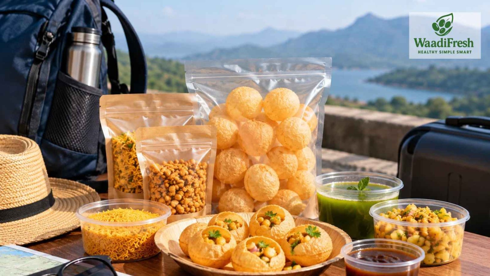 Ready-to-eat Indian snacks including pani puri packed for travel