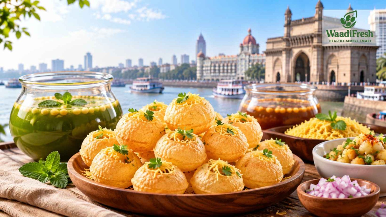 Ready to eat pani puri with crispy golden puris, mint pani and tamarind chutney against the Mumbai Gateway of India backdrop