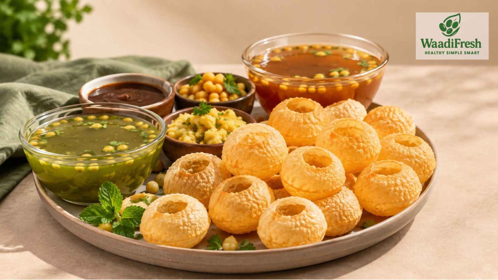 Ready-to-eat pani poori served with spicy mint pani, tamarind chutney and potato filling