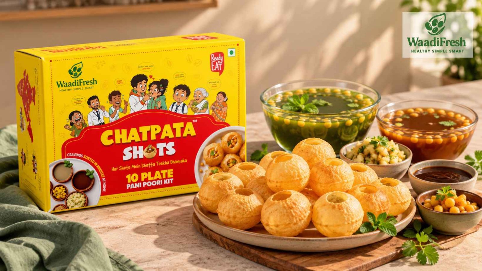 Street-style pani puri prepared at home with crispy puris, mint pani and chutney