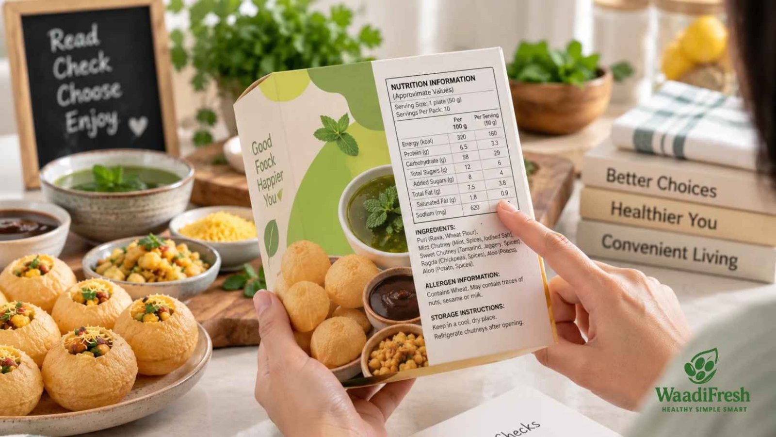 Person checking ingredients and nutrition label on ready-to-eat food packaging