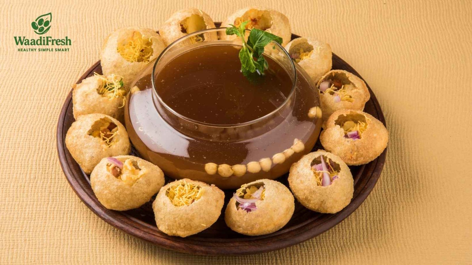 Waadi Fresh ready-to-eat pani puri with crispy puris, tangy pani, and delicious fillings served in a bowl for instant snacking in Mumbai.